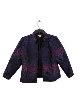 Chicos Floral Textured Open Front Jacket Size 2 Purple & Black Polyester Blend W